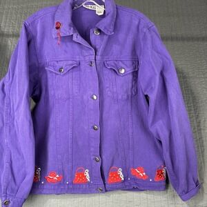 Las Olas Purple Denim Jacket Womens Large Red Hat Society Embroidered Applique